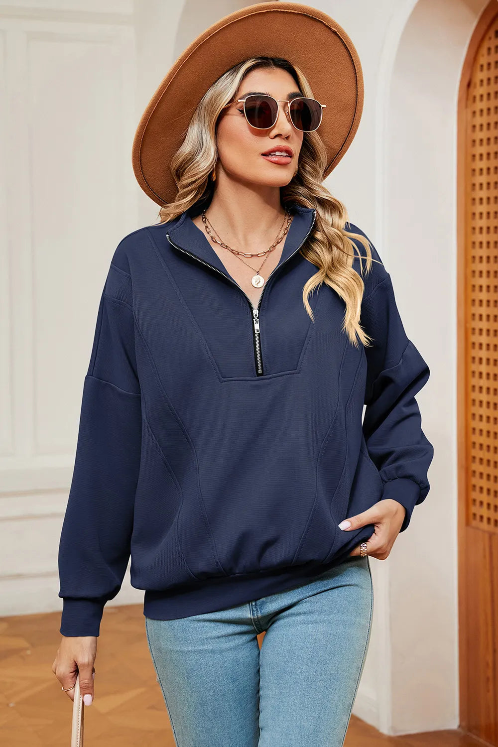 Solid Color Zipper Long Sleeve Pullover Sweatshirt for Women