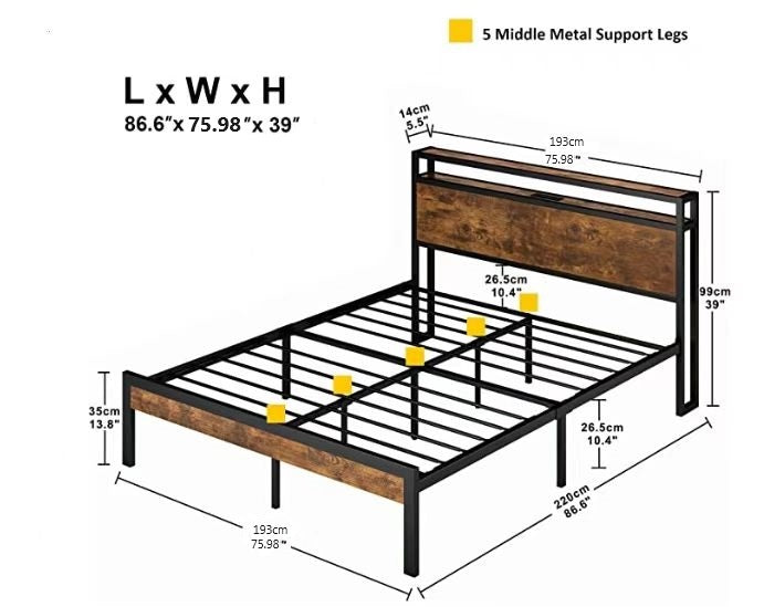 Extra large metal platform bed frame with wooden headboard and footrest, USB LINER, LED lights - Korvel