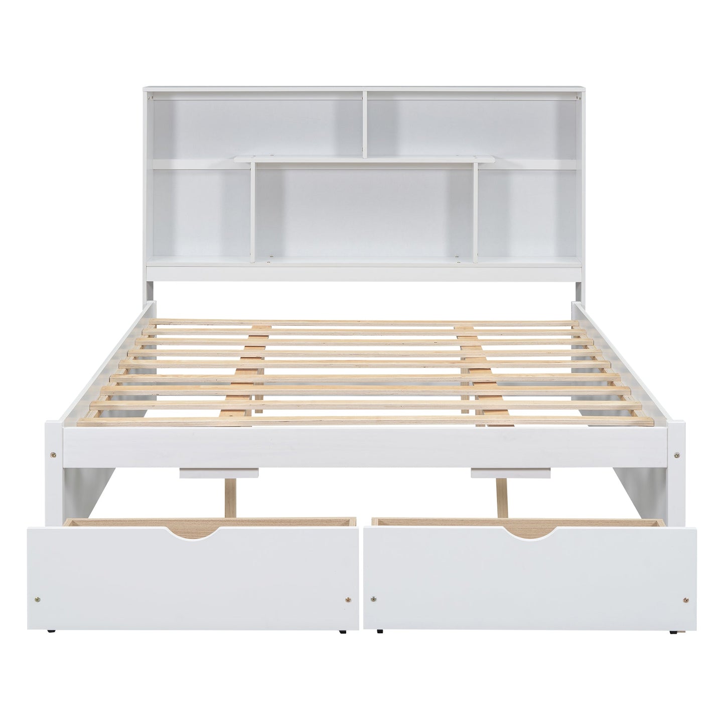 Elegant Queen Size Platform Bed with Storage Headboard, White