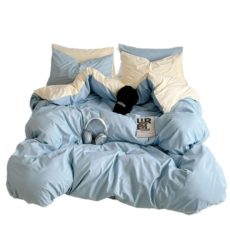 Washed Cotton Solid Color Double Spliced Four-Piece Bedding Set - Sheet, Quilt Cover, Pillowcases for Employee and Dormitory Use - Korvel