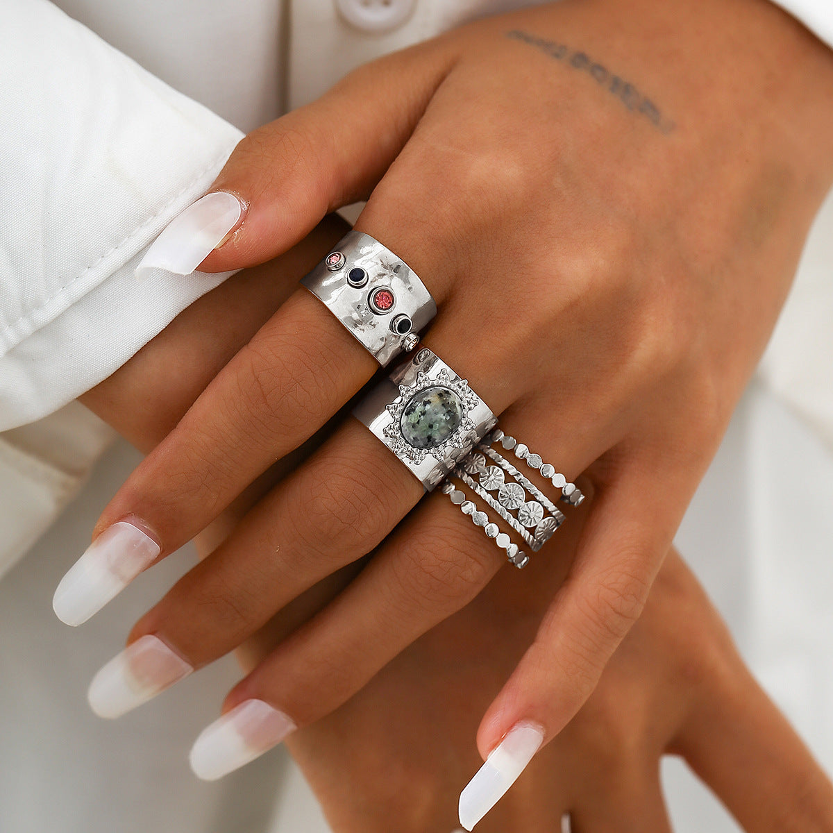 Fashionable Joint Ring Set Hip Hop Metallic Fold Set with Gemstone Rings - Korvel
