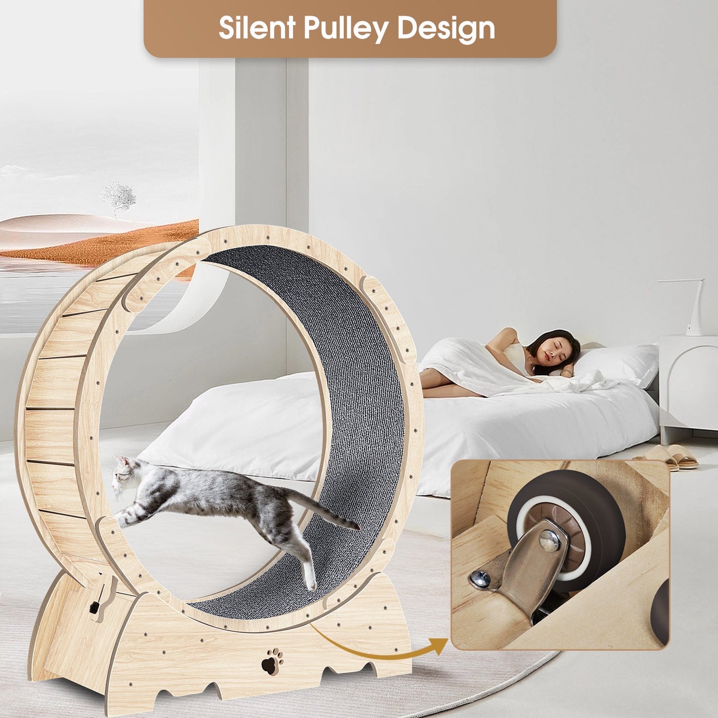 Cat Exercise Wheel for Indoor Cats, Cat Running Wheel with Carpeted Runway 37" Natural Wood Color - Korvel