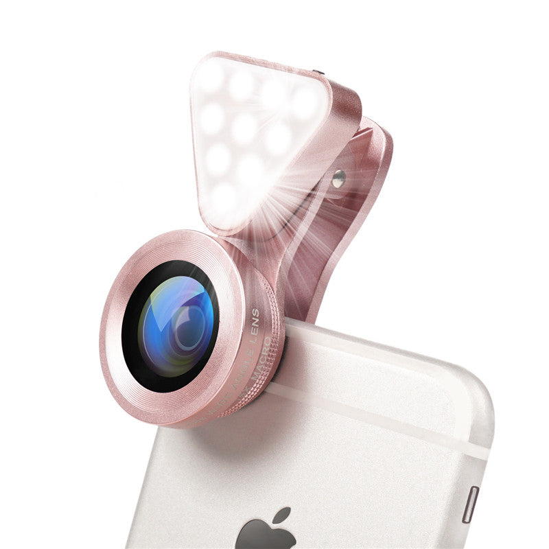 3 in 1 Phone Lens, LED Flish Light Lens For iphone SE X 8 7 6 6S Fish Eye Lens 0.4-0.6X Wide Angle+10X Macro Clip-on Lens - Korvel