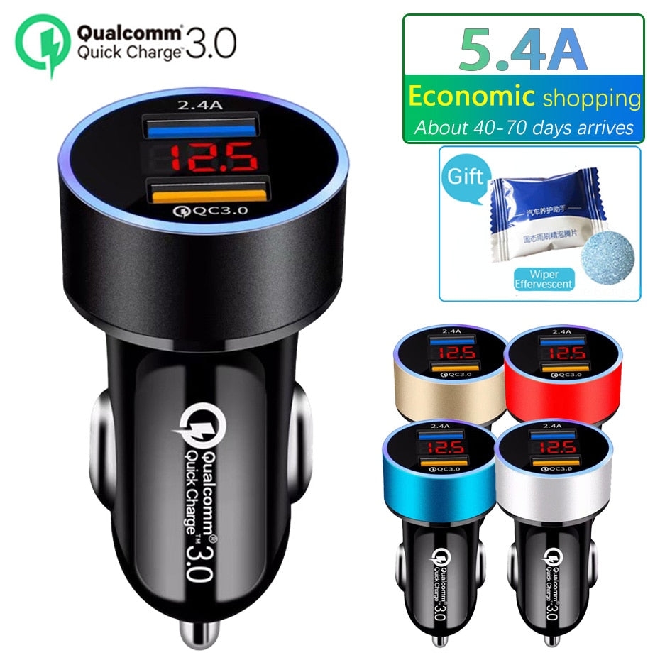 Cargador de coche USB dual QC3.0 con pantalla LCD