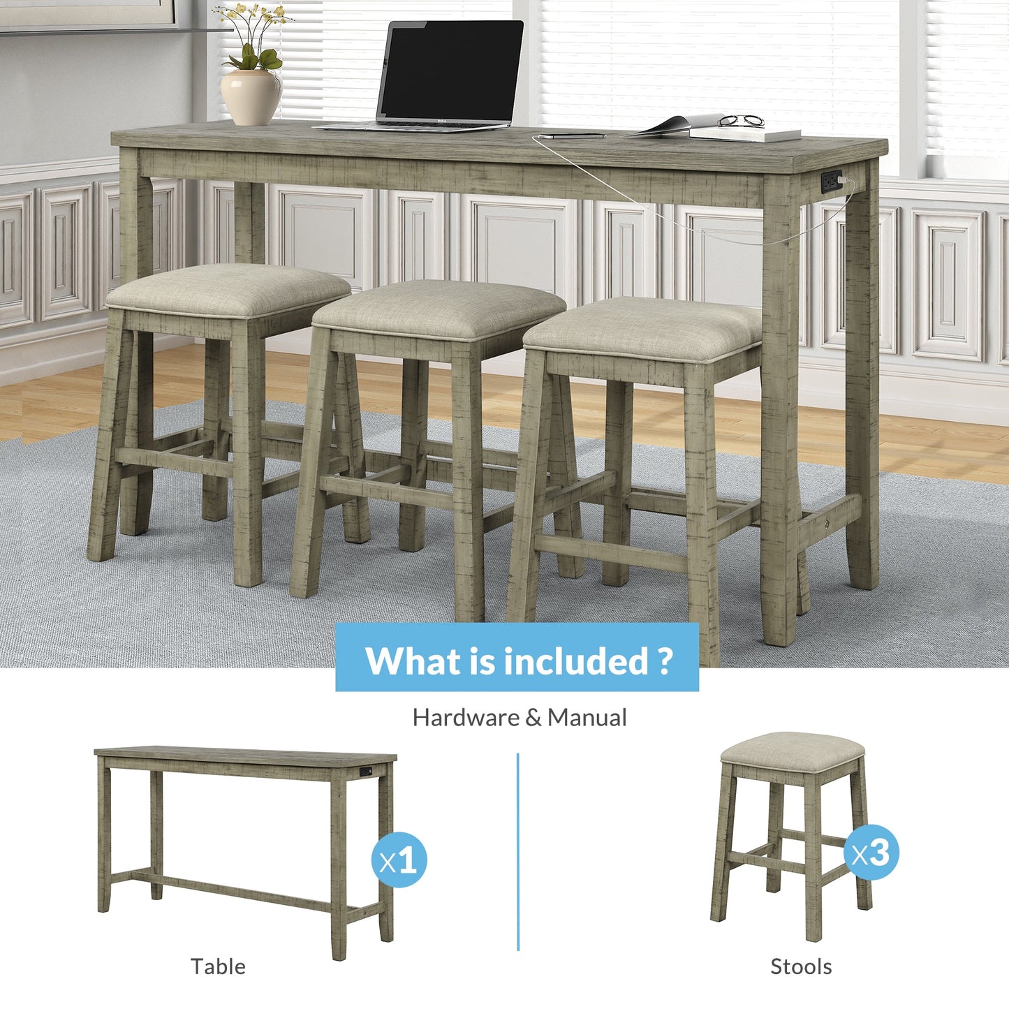 TOPMAX 4 Pieces Counter Height Table with Fabric Padded Stools,Rustic Bar Dining Set with Socket,Gray Green - Korvel