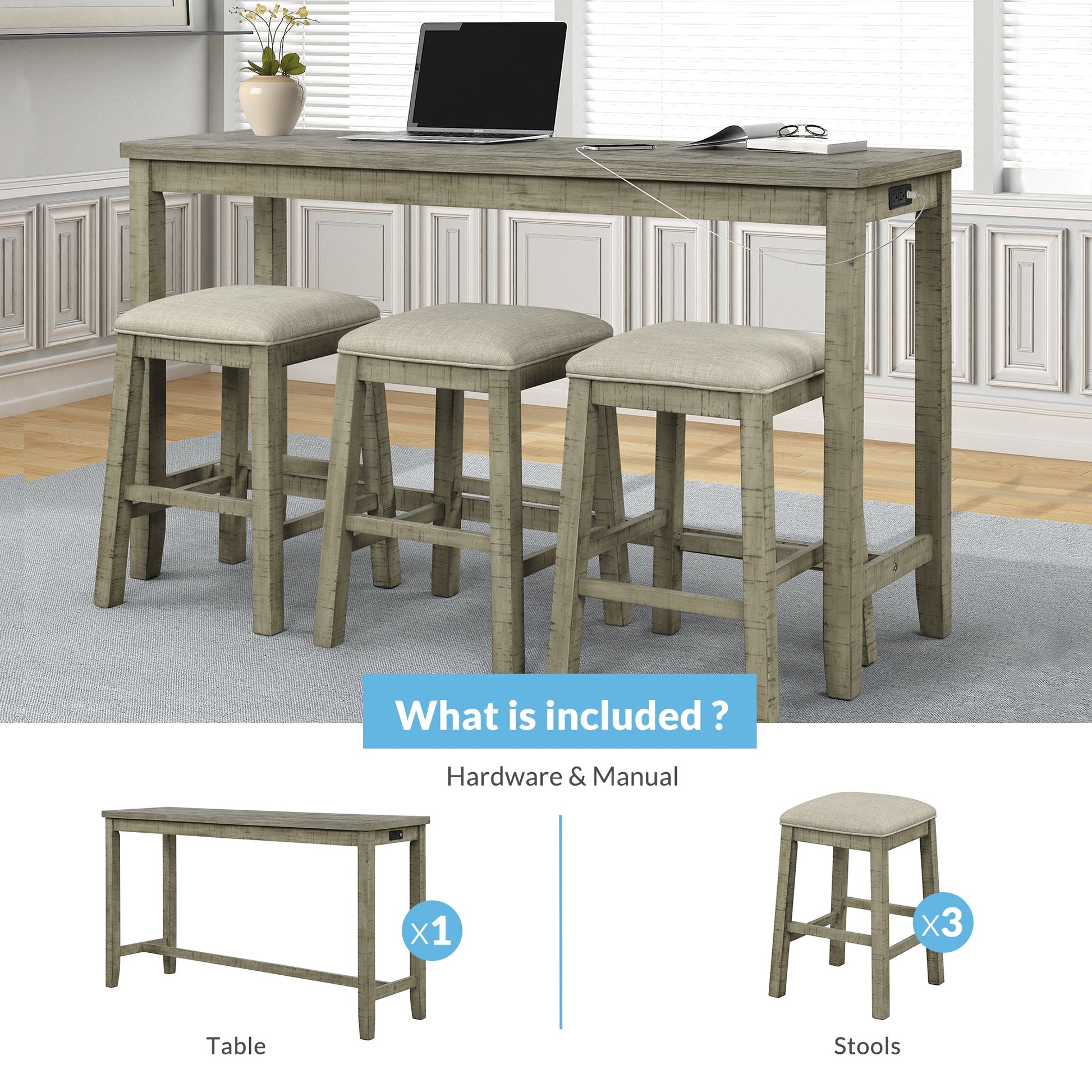 TOPMAX 4 Pieces Counter Height Table with Fabric Padded Stools,Rustic Bar Dining Set with Socket,Gray Green - Korvel