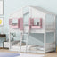 Twin over Twin House Bunk Bed with Roof , Window, Window Box, Door , with Safety Guardrails and Ladder, Pink/White - Korvel