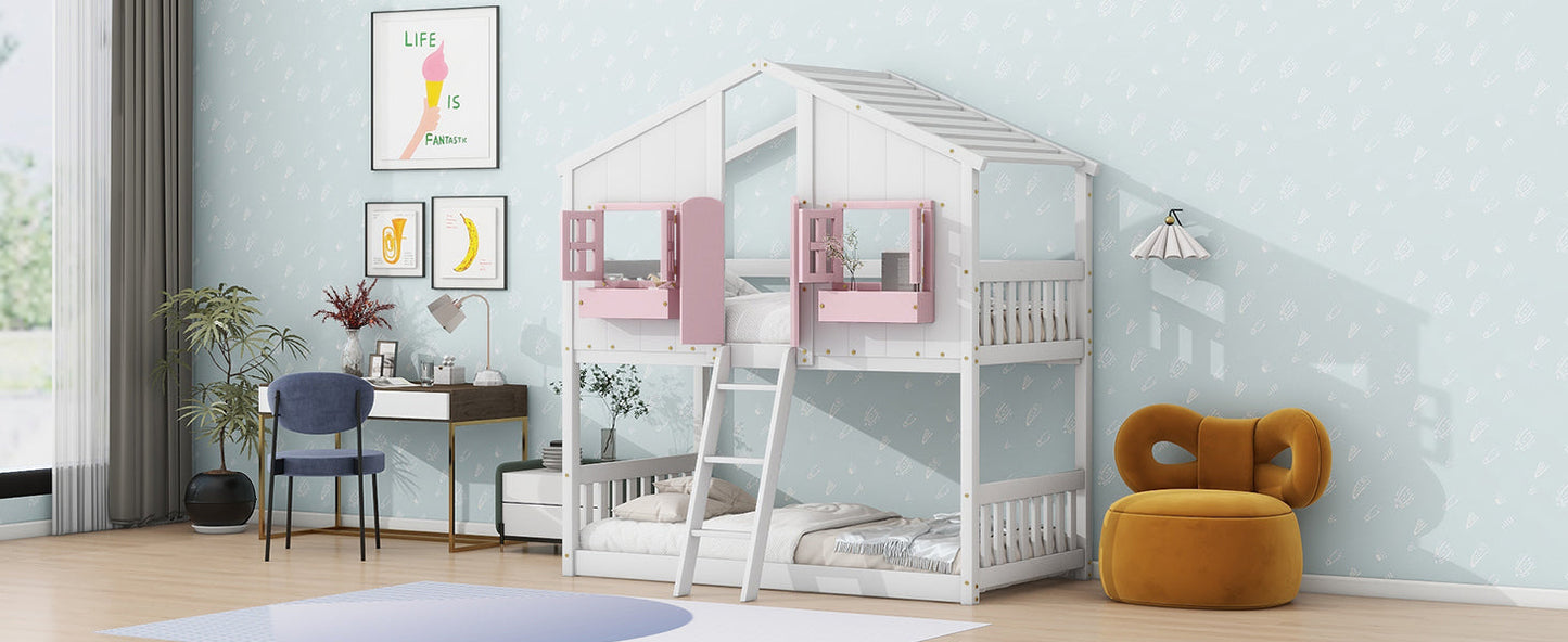 Twin over Twin House Bunk Bed with Roof , Window, Window Box, Door , with Safety Guardrails and Ladder, Pink/White - Korvel