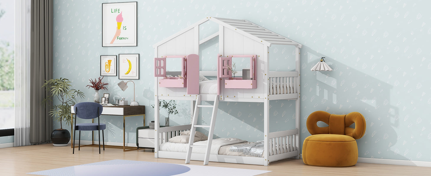 Twin over Twin House Bunk Bed with Roof , Window, Window Box, Door , with Safety Guardrails and Ladder, Pink/White - Korvel
