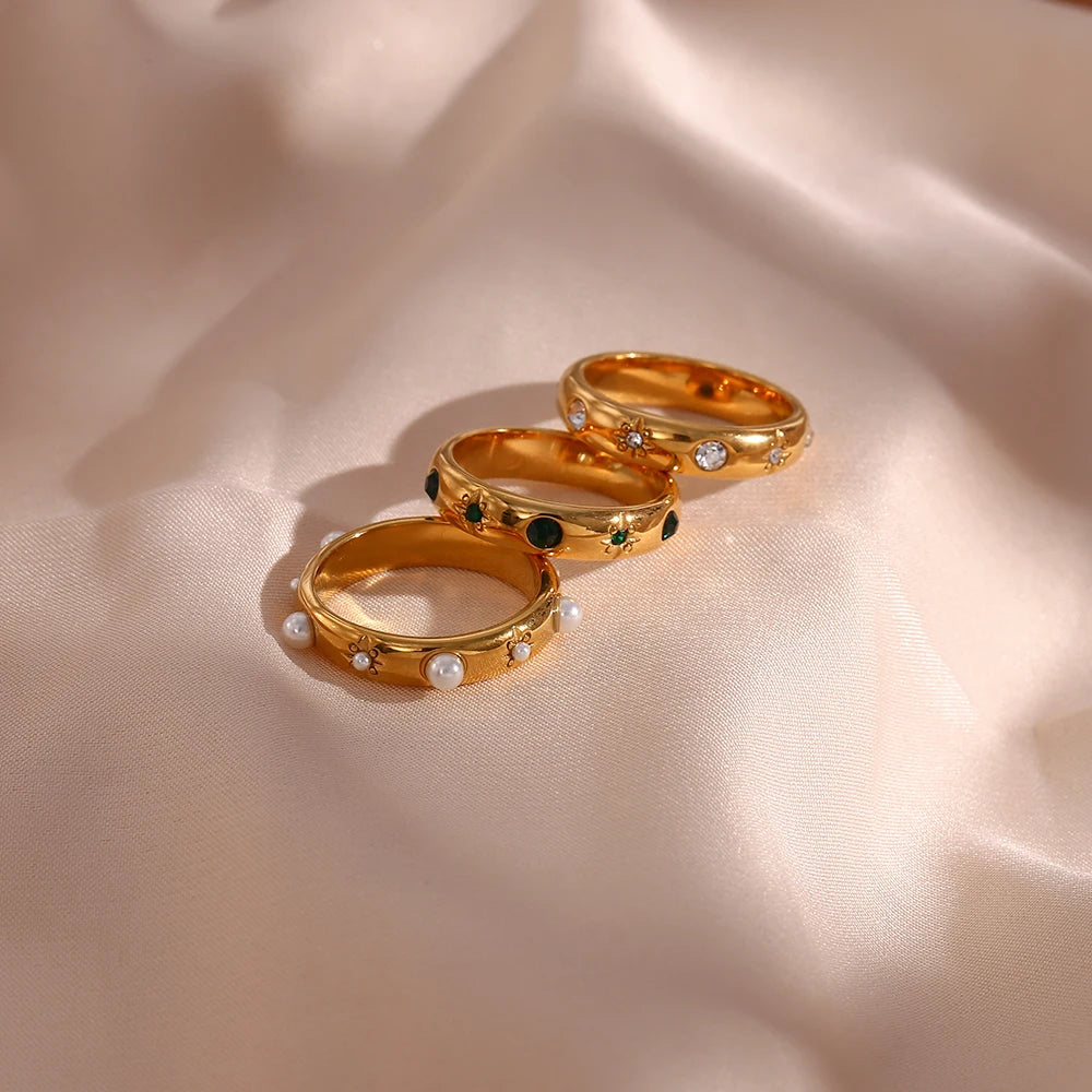 18K Gold Plated Green Zircon Pearl Rings For Women Waterproof Hypoallergenic Dainty Gold Ring Stainless Steel Jewelry - Korvel