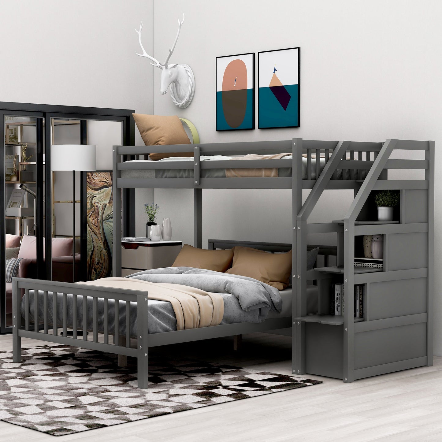 Twin over Full Loft Bed with Staircase Gray - Korvel