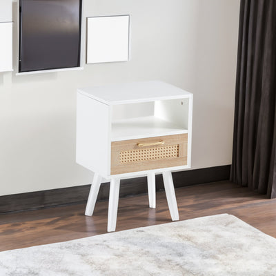Table d'appoint en rotin blanc de 15,75" avec tiroir et pieds en bois massif