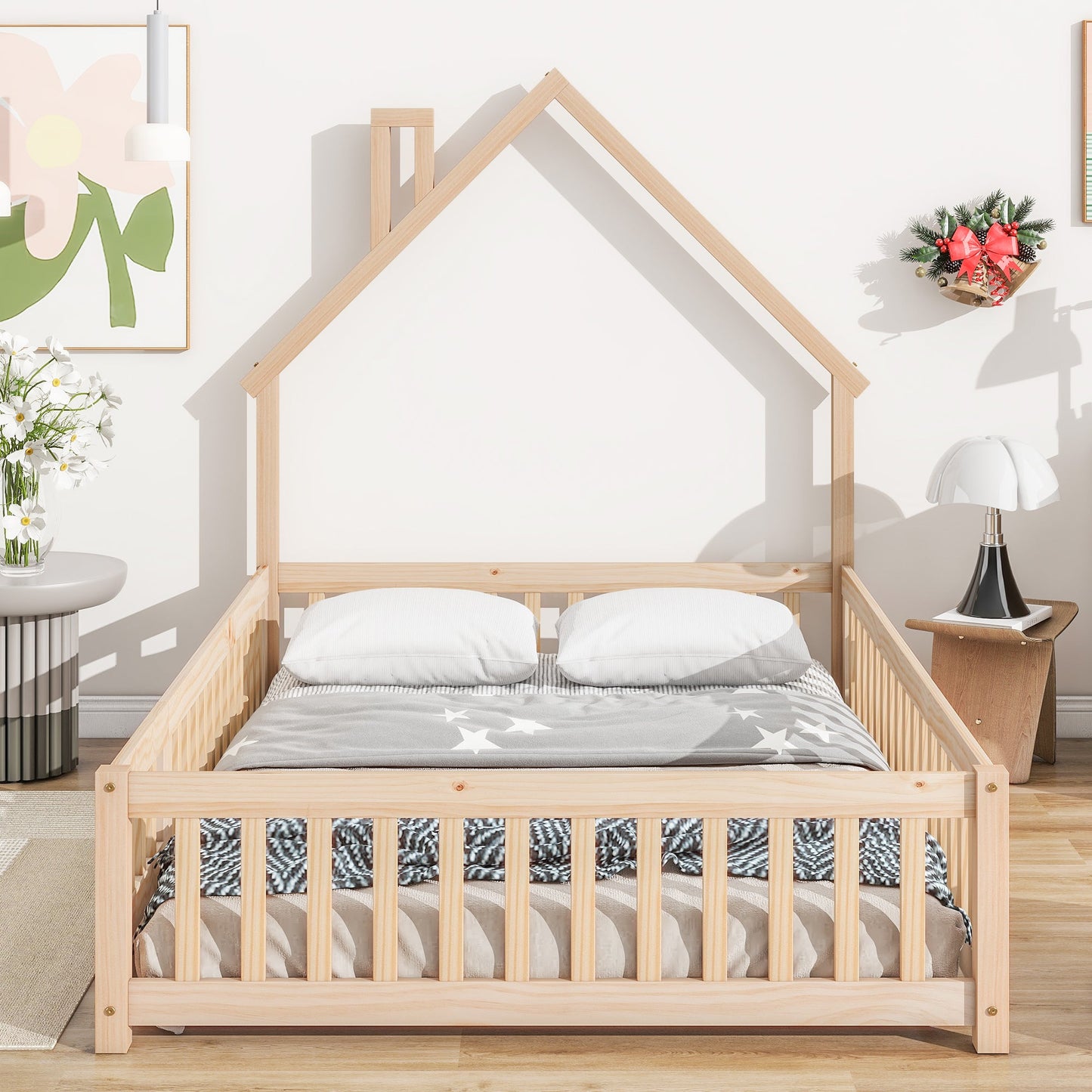 Full House-Shaped Headboard Floor Bed with Fence - Natural