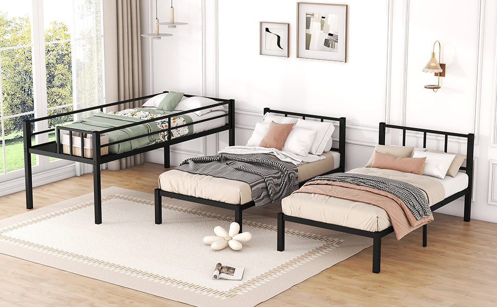 Twin over Twin & Twin Bunk Beds for 3, Twin XL over Twin & Twin Bunk Bed Metal Triple Bunk Bed, Black - Korvel