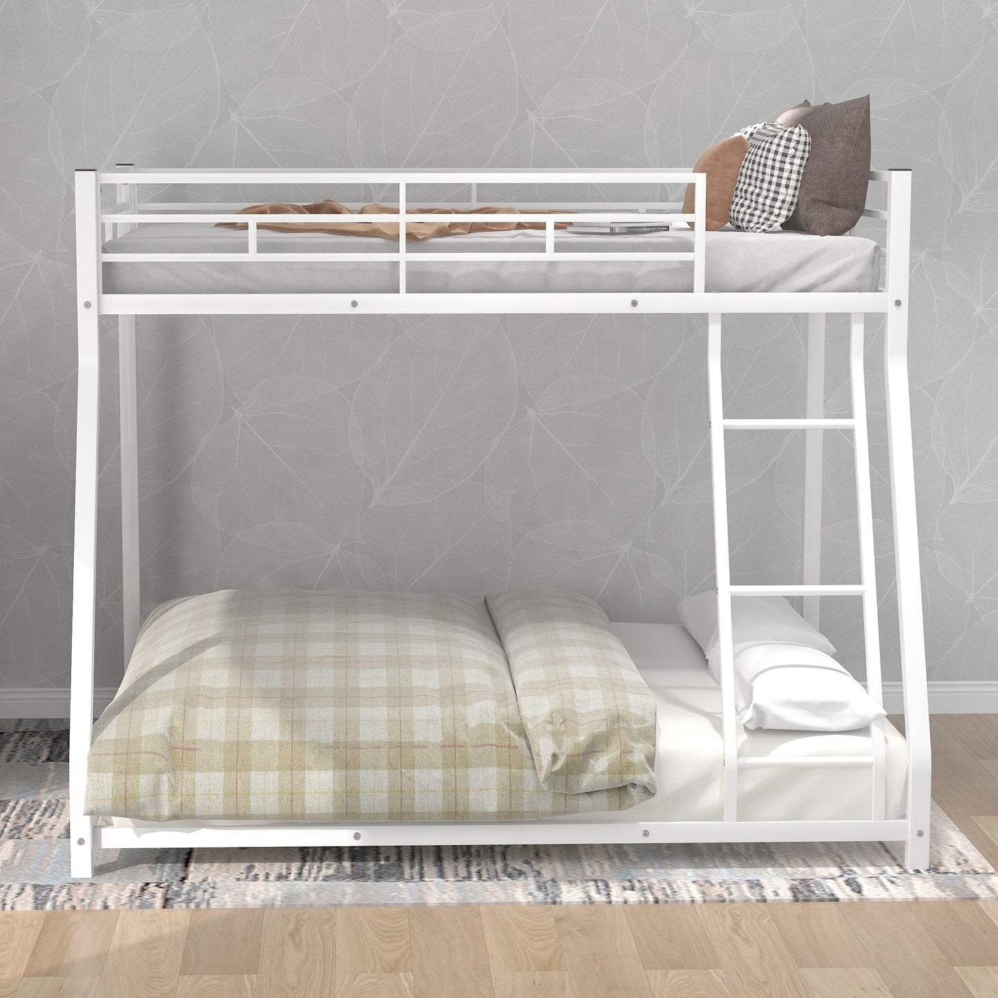 Premium Metal Floor Bunk Bed - Twin over Full in White