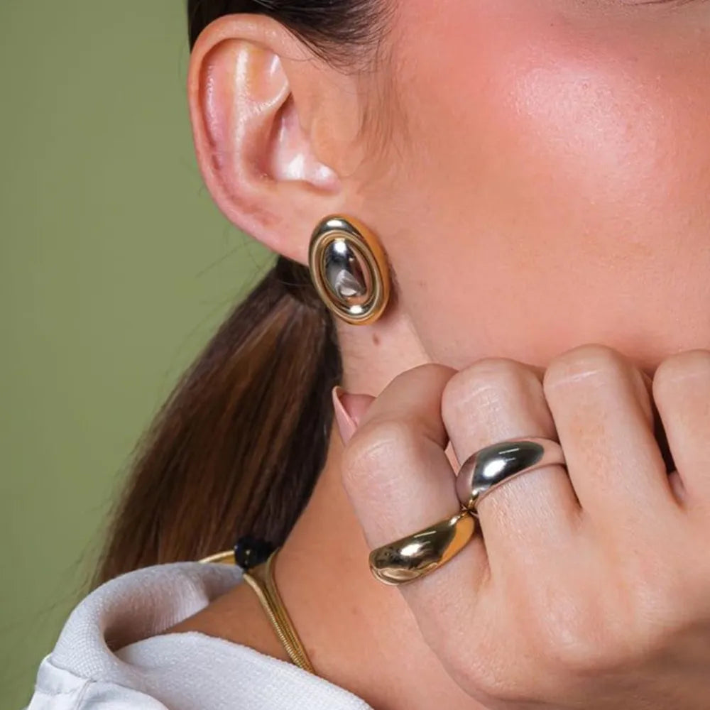 Stainless steel color blocked oval earrings fashionable and versatile titanium steel earrings - Korvel