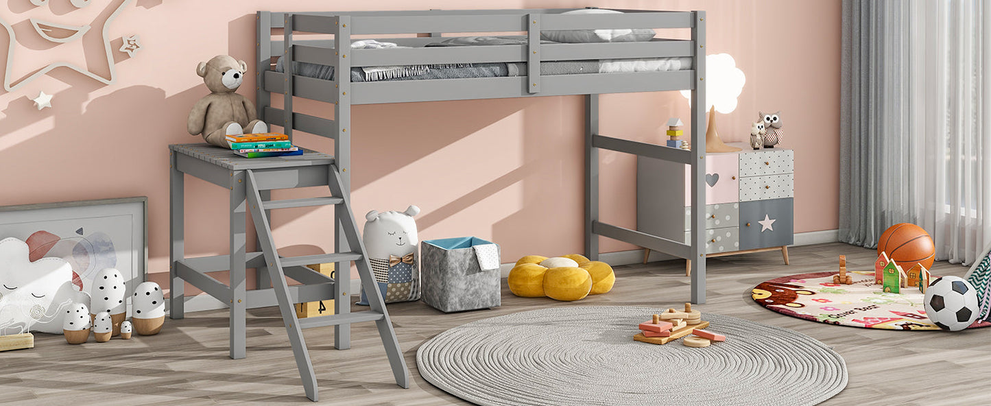 Premium Twin Loft Bed with Platform and Ladder in Grey