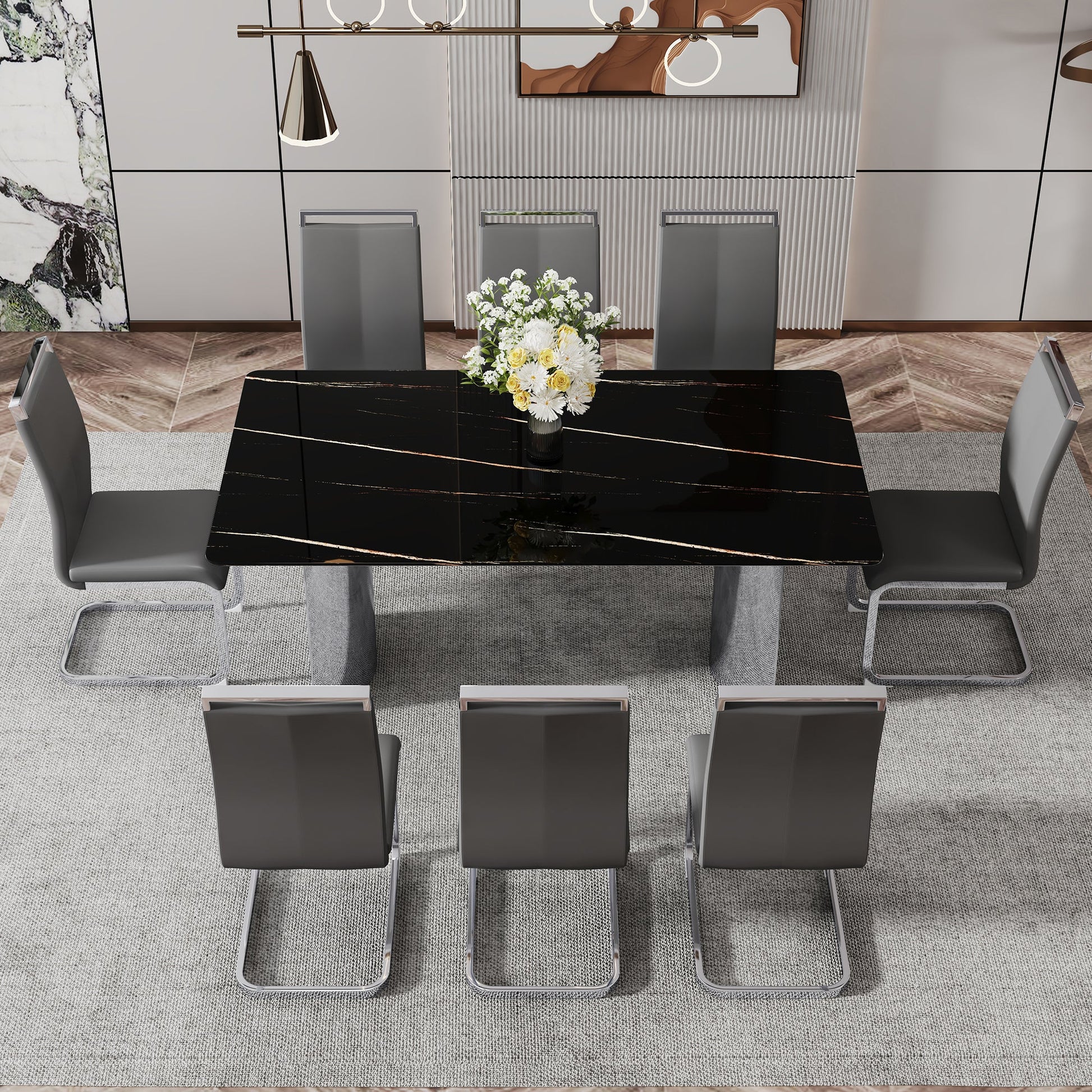 Modern minimalist dining table The black imitation marble glass desktop is equipped with silver metal legs - Korvel