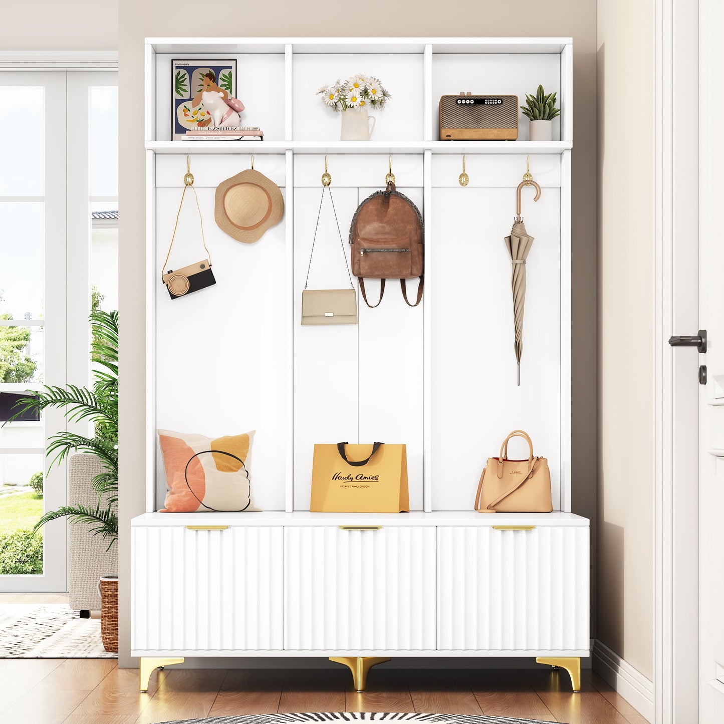 Large storage hall tree with bench, multifunctional storage platform, luxury clothes hanger equipped with 6 gold hooks - Korvel