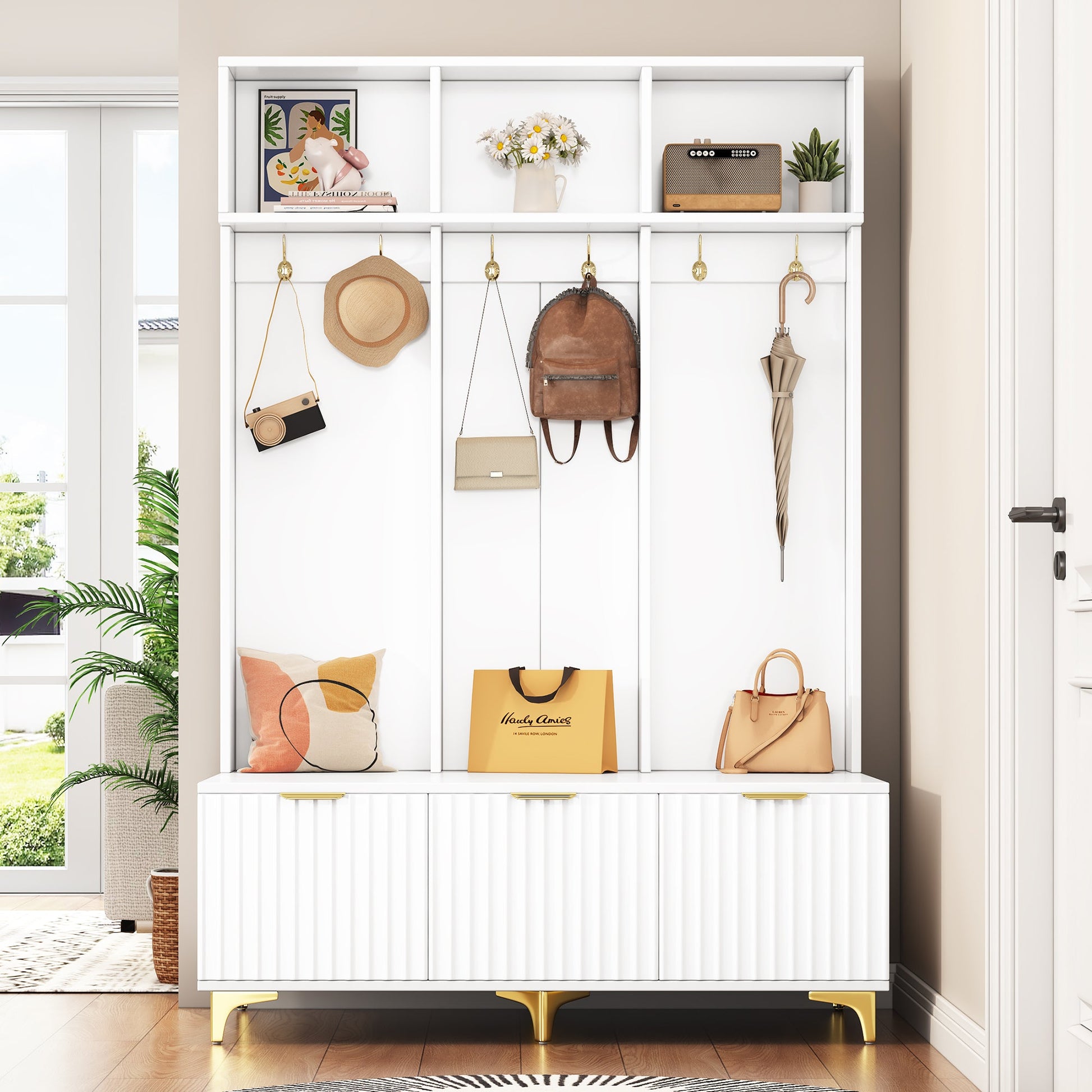 Large storage hall tree with bench, multifunctional storage platform, luxury clothes hanger equipped with 6 gold hooks - Korvel