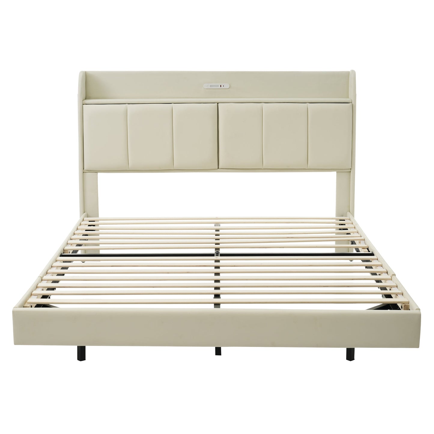 Large floating bed frame with storage headboard, touch sensor, night light and USB charger, padded platform bed, beige color - Korvel
