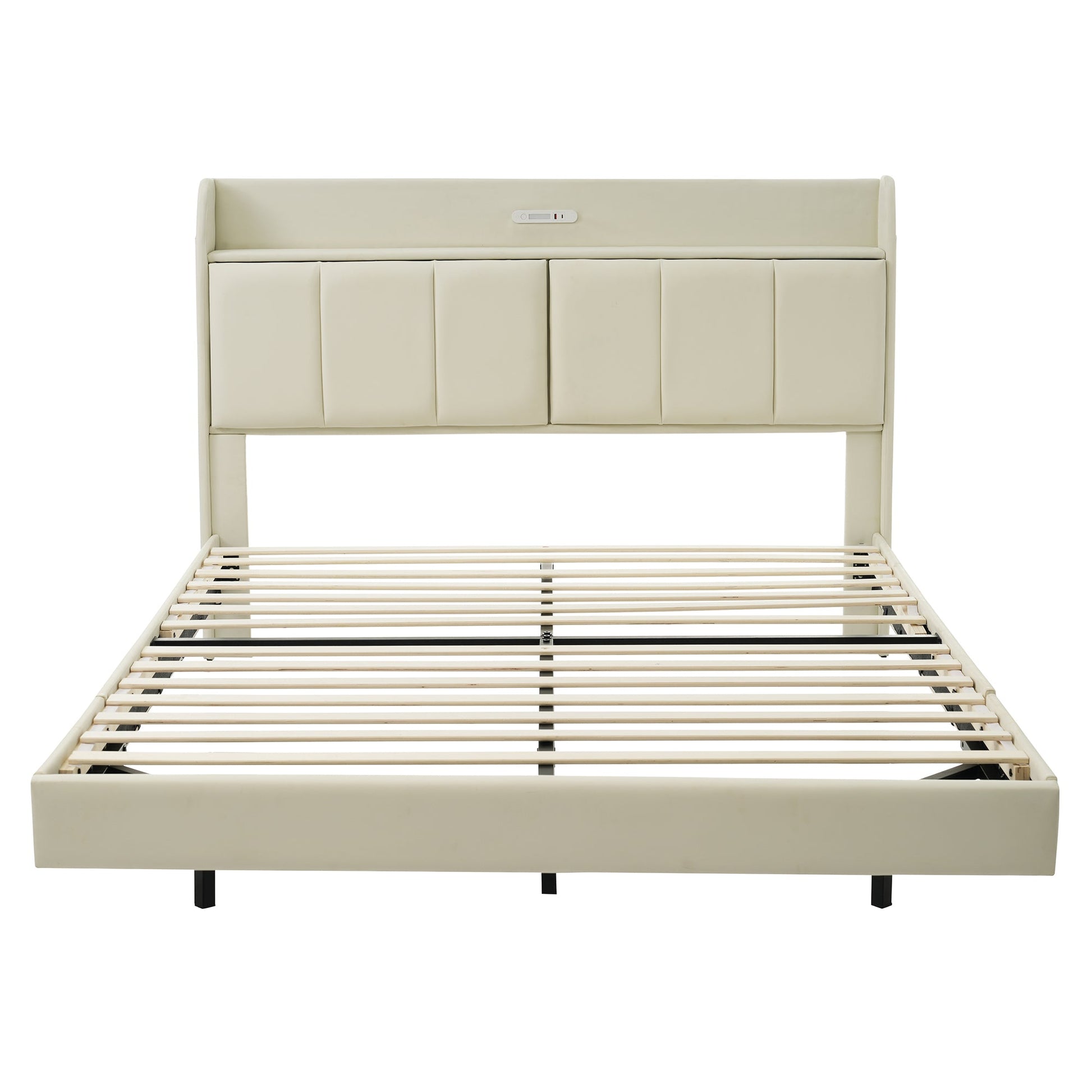 Large floating bed frame with storage headboard, touch sensor, night light and USB charger, padded platform bed, beige color - Korvel