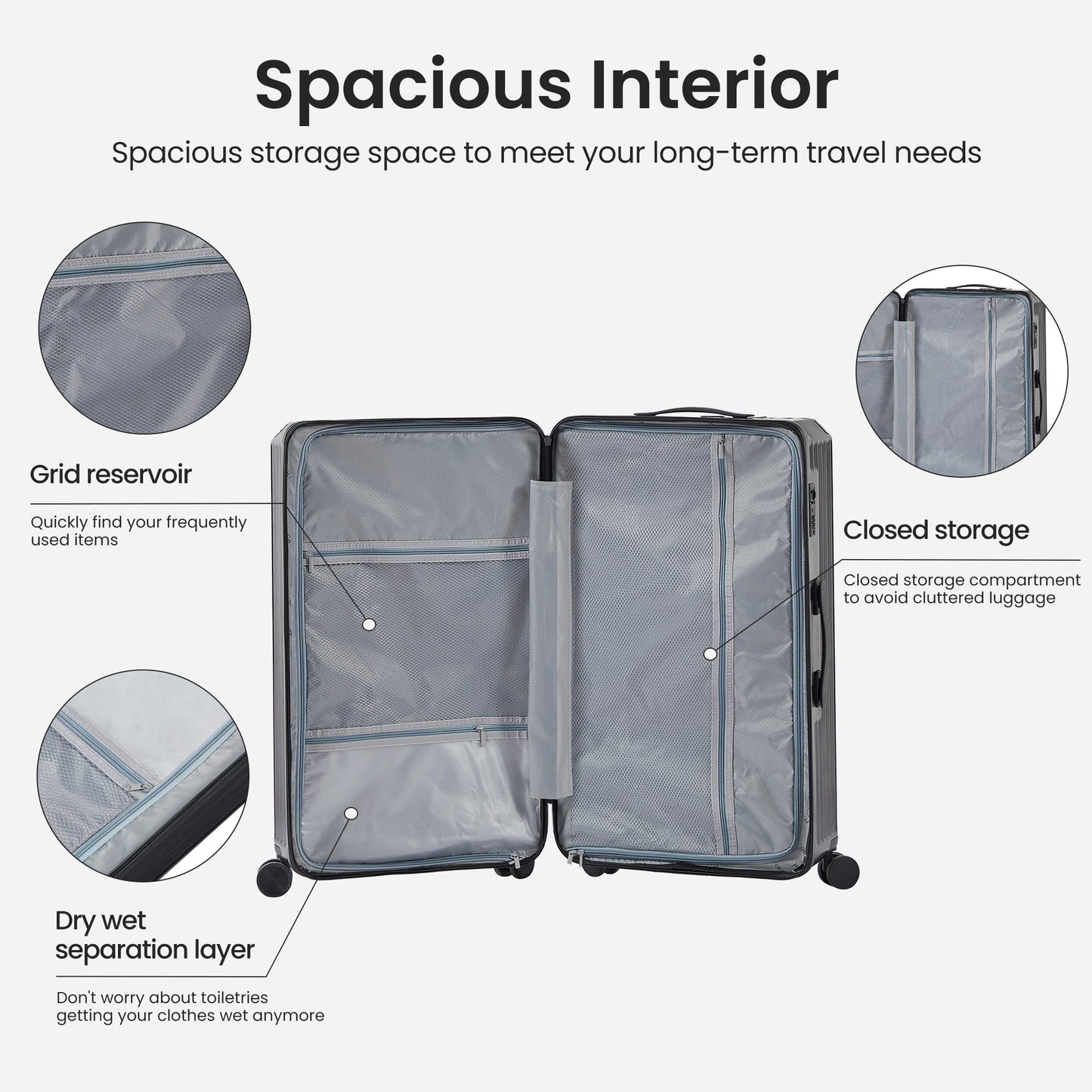 Luggage Set 4 pcs (20"/24"/29"/Travel Bag), PC+ABS Durable Lightweight Luggage with Collapsible Cup Holder TSA Lock, Black - Korvel