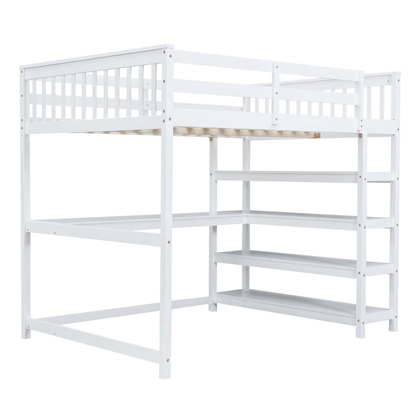 Full Size Loft Bed with Storage Shelves and Under-bed Desk  White - Korvel
