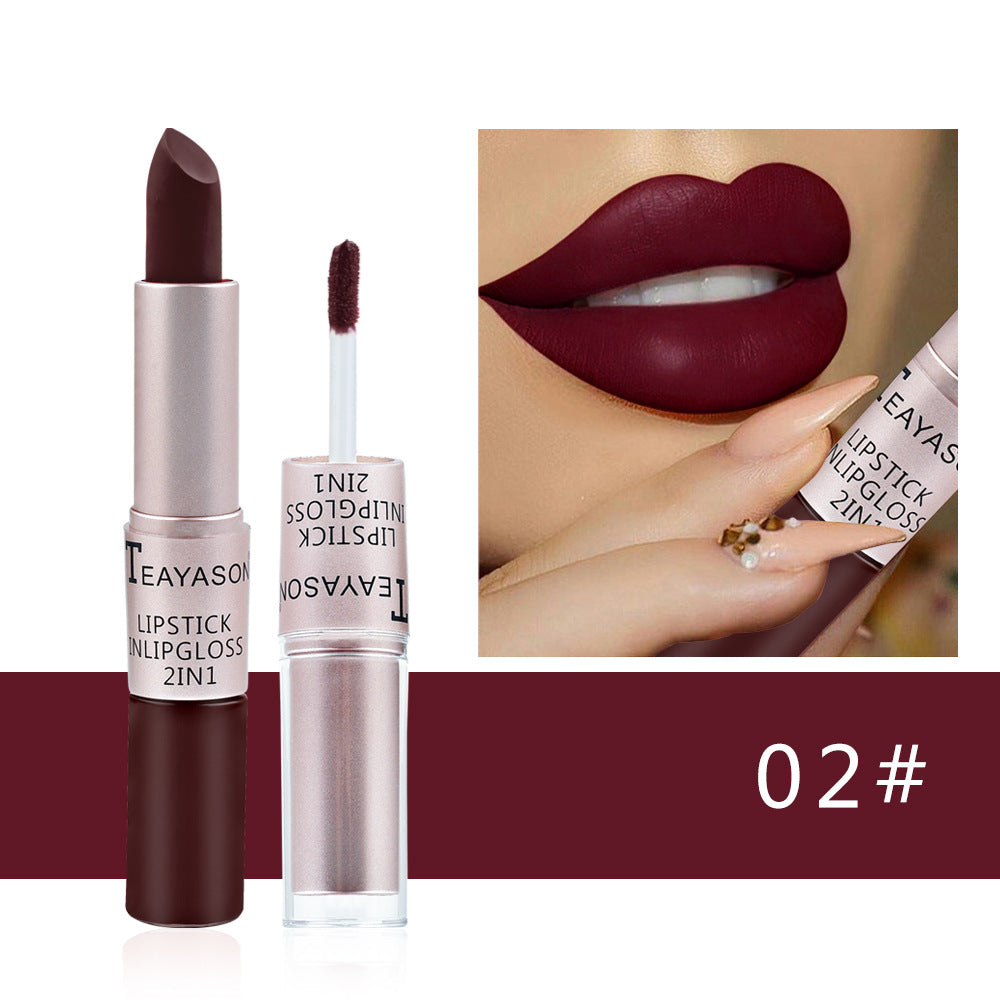 Double-Headed Non-Stick Cup Matte Matte Lip Gloss Two-In-One Matte Bean Paste Does Not Fade With Cup Lipstick Female - Korvel