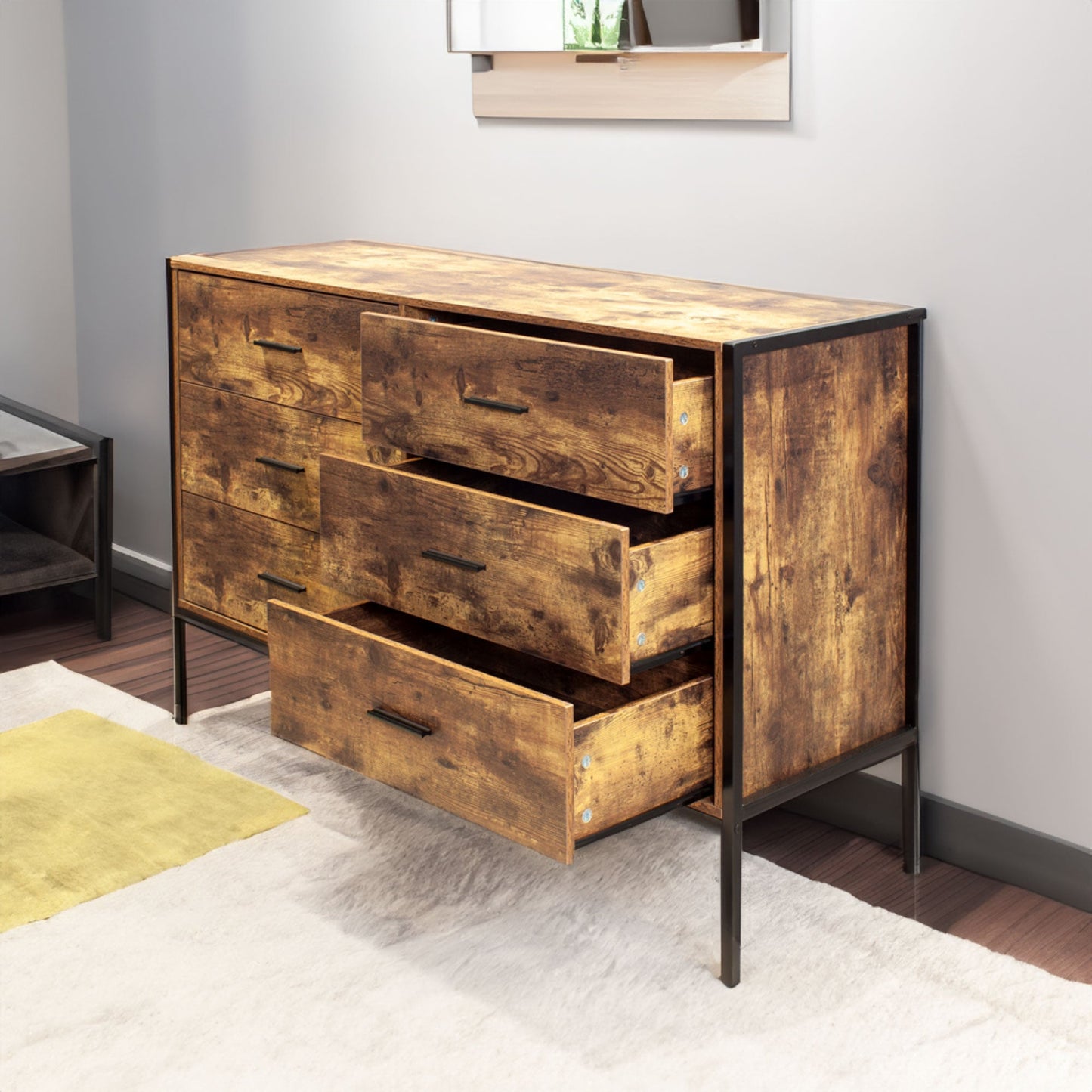 Industrial Style 6 Drawer Double Dresser in Rustic Brown