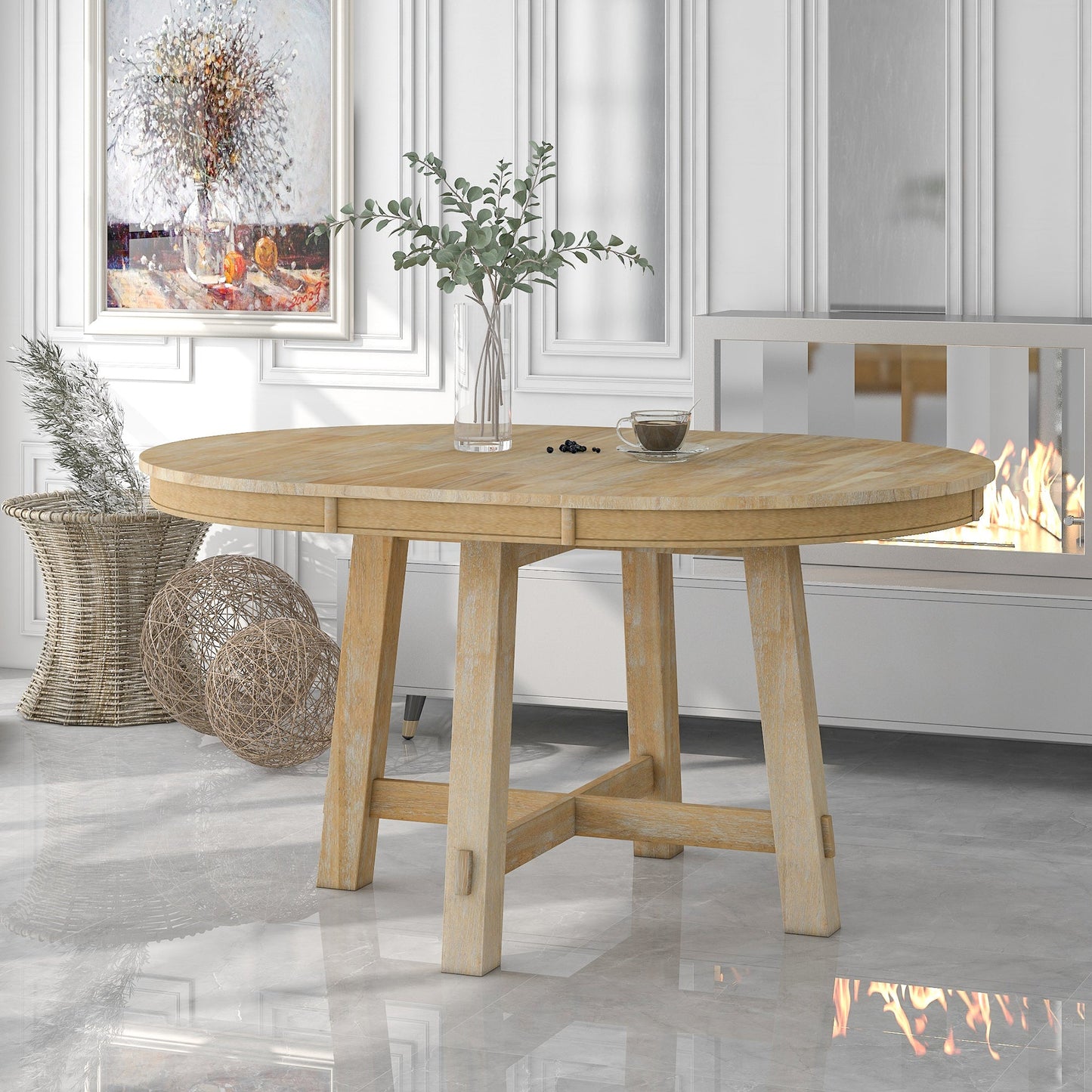 TREXM Farmhouse Round Extendable Dining Table with 16" Leaf Wood Kitchen Table (Natural Wood Wash) - Korvel