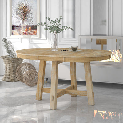 TREXM Farmhouse Round Extendable Dining Table with 16" Leaf Wood Kitchen Table (Natural Wood Wash) - Korvel