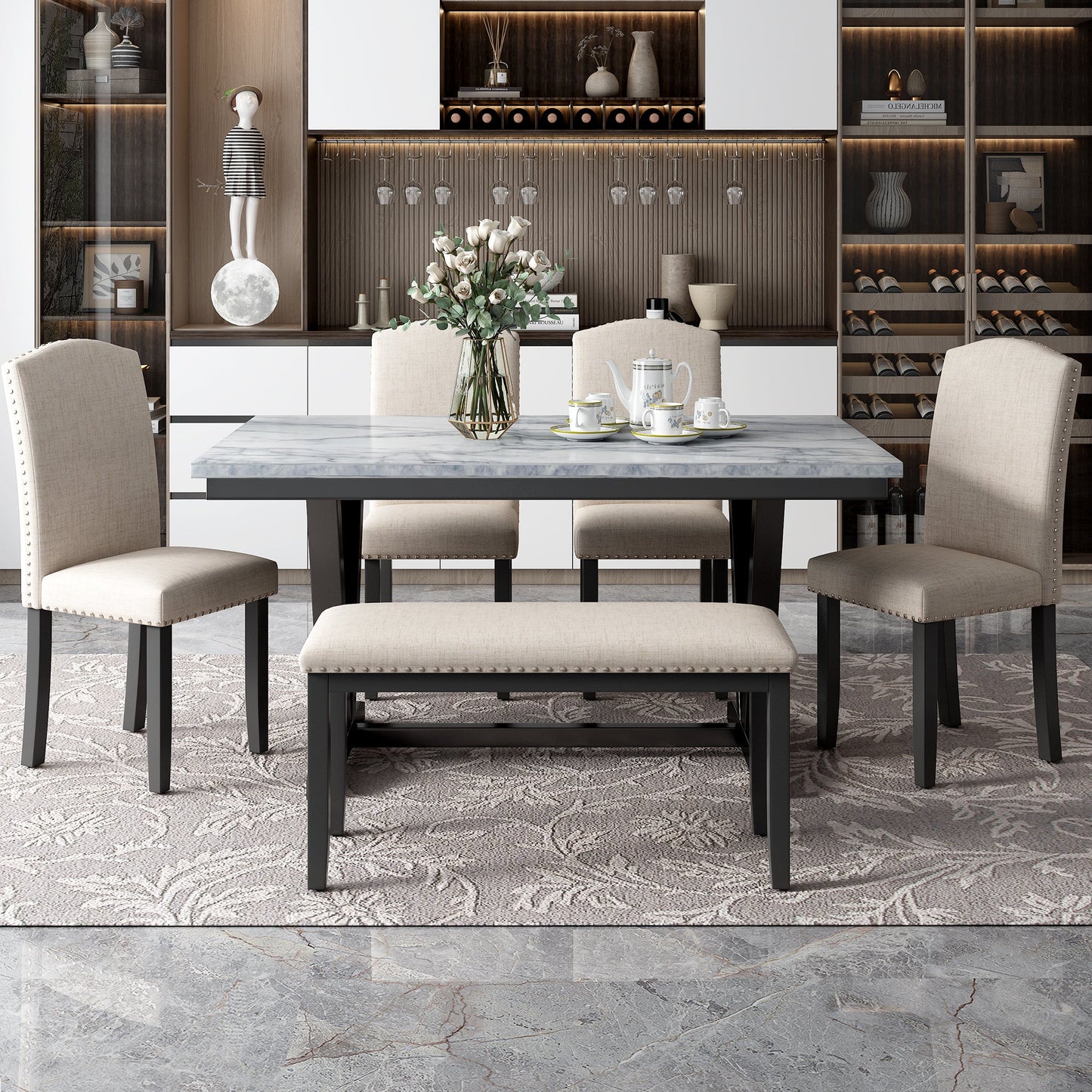 Ensemble de salle à manger moderne TREXM en 6 pièces avec table, chaises et banc