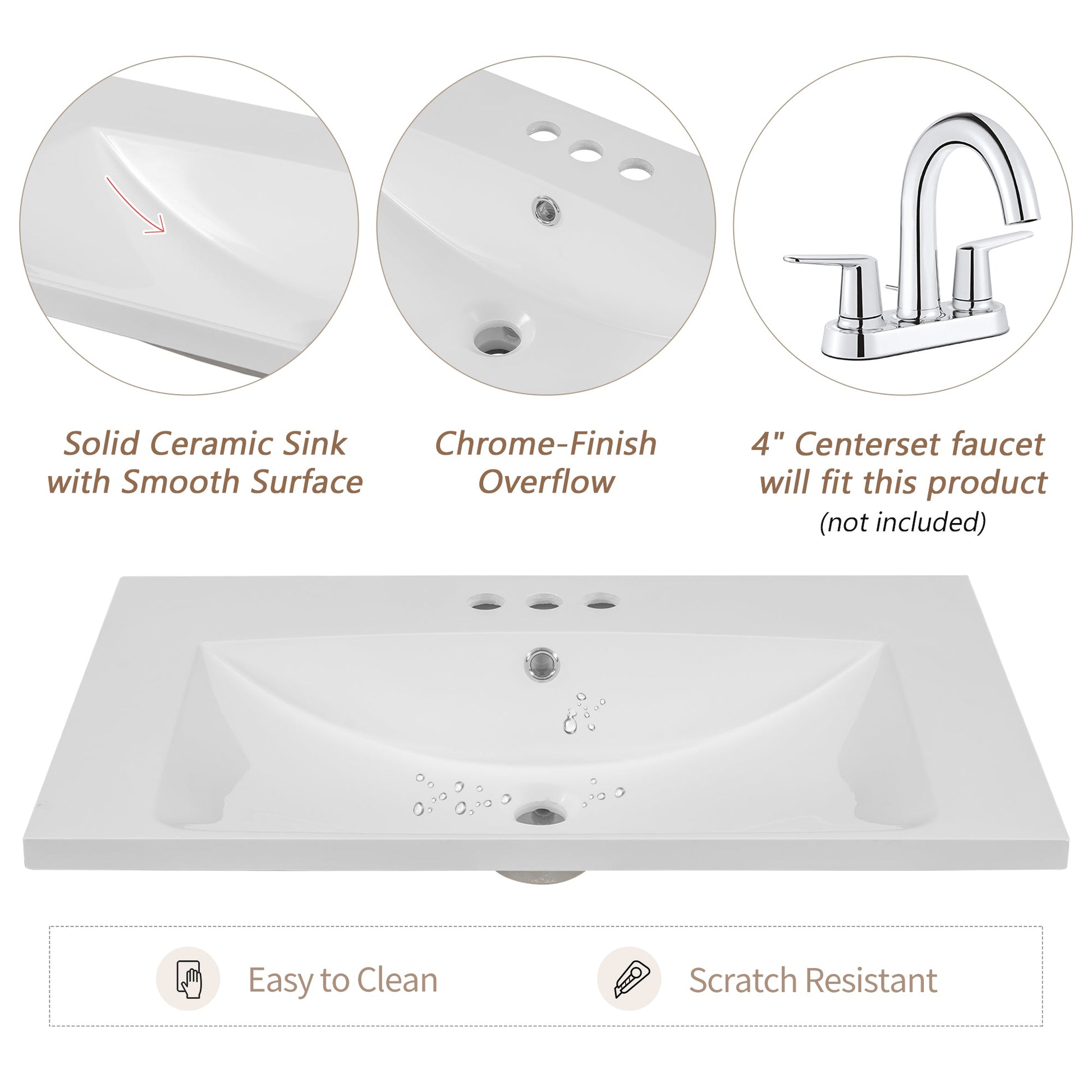 30" Single Bathroom Vanity Top with White Basin, 3-Faucet Holes, Ceramic, White - Korvel