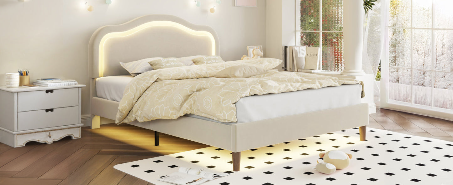 Full Size Velvet Upholstered Smart LED Bed Frame with Adjustable Height Headboard,No Box Spring Needed,Easy Assembly,Beige - Korvel