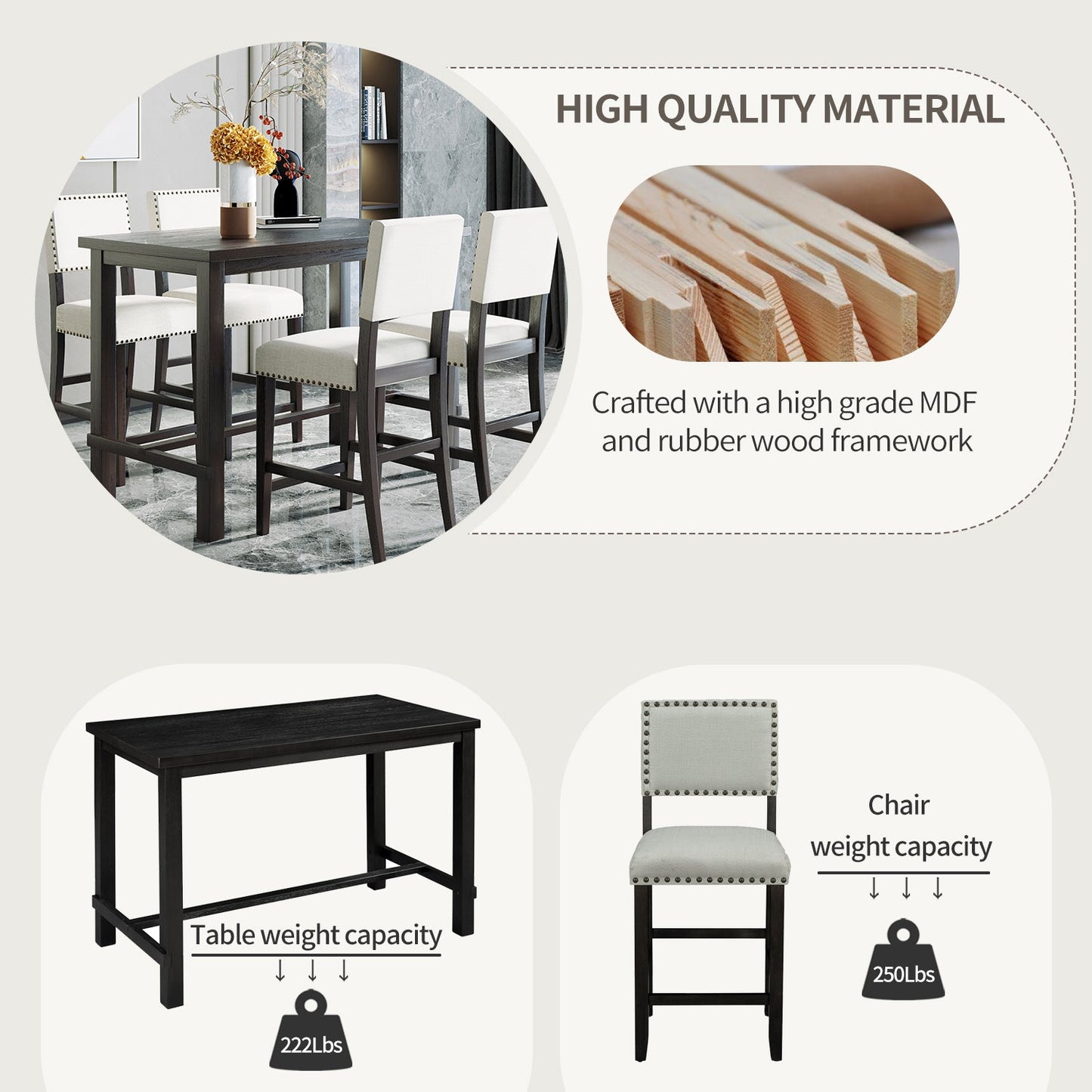 Conjunto de Comedor de Altura de Mostrador TREXM de 5 Piezas en Espresso y Beige