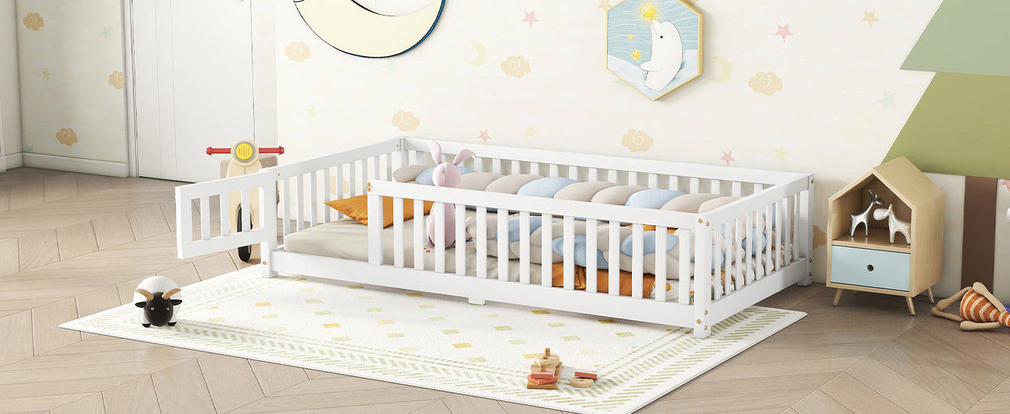 Twin Size Bed Floor Bed with Safety Guardrails and Door for Kids, White - Korvel