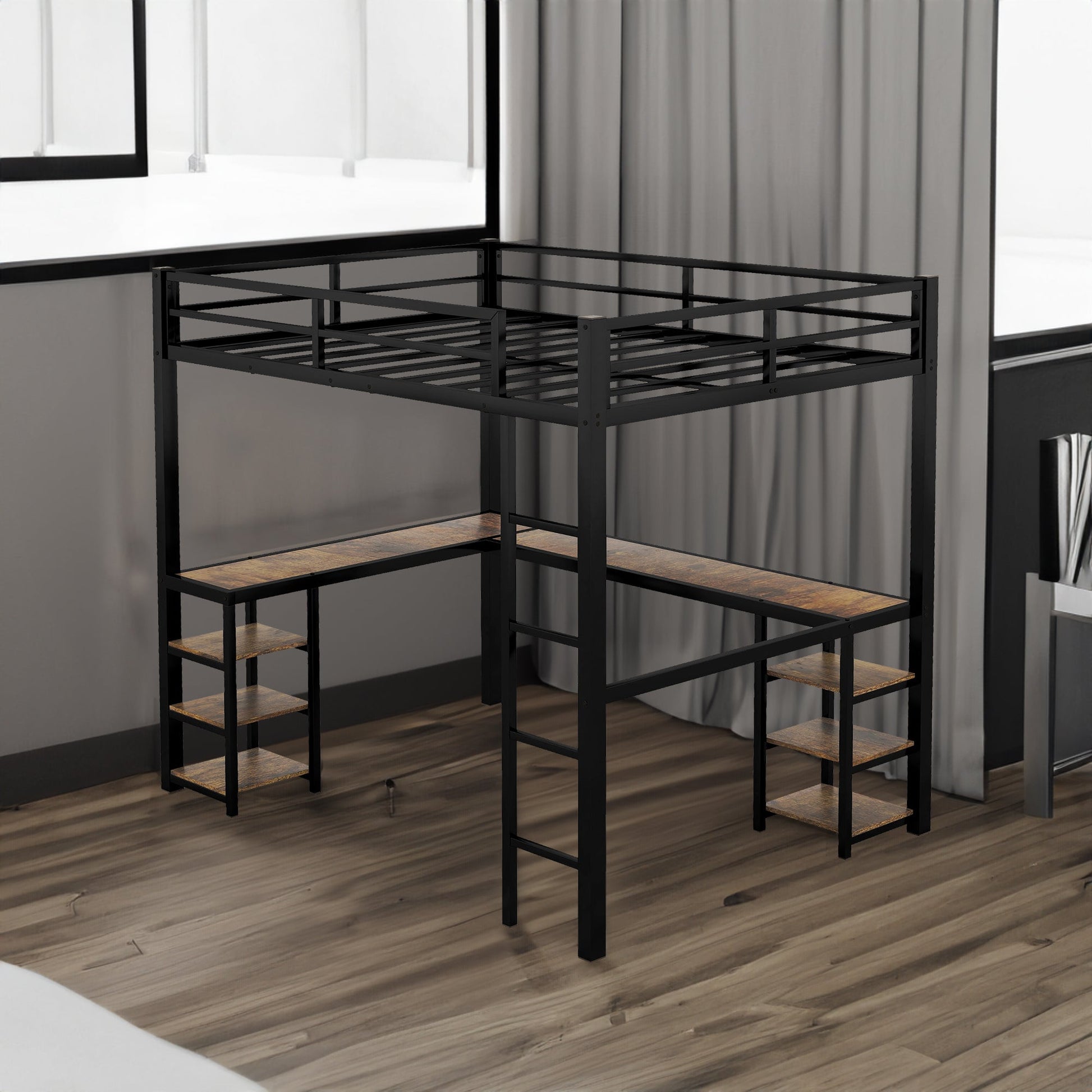 Full metal loft bed with desk and shelf, loft bed with ladder and guardrail, black with retro wood desk - Korvel