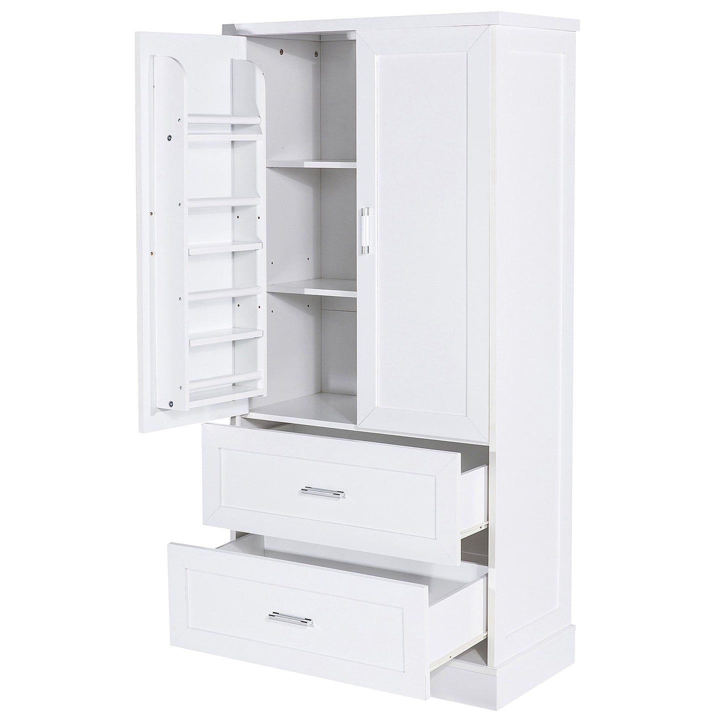 Tall Bathroom Storage Cabinet, Cabinet with Two Doors and Drawers, Adjustable Shelf, MDF Board, White - Korvel