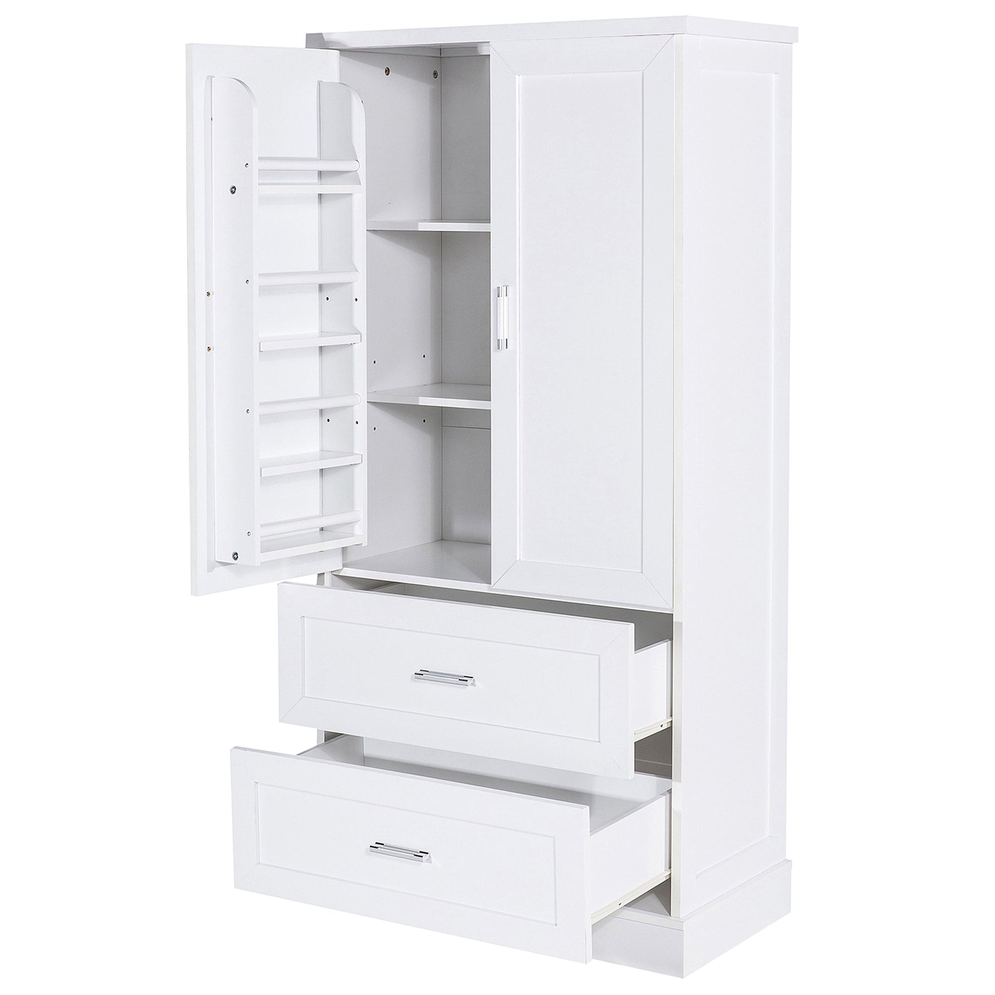 Tall Bathroom Storage Cabinet, Cabinet with Two Doors and Drawers, Adjustable Shelf, MDF Board, White - Korvel