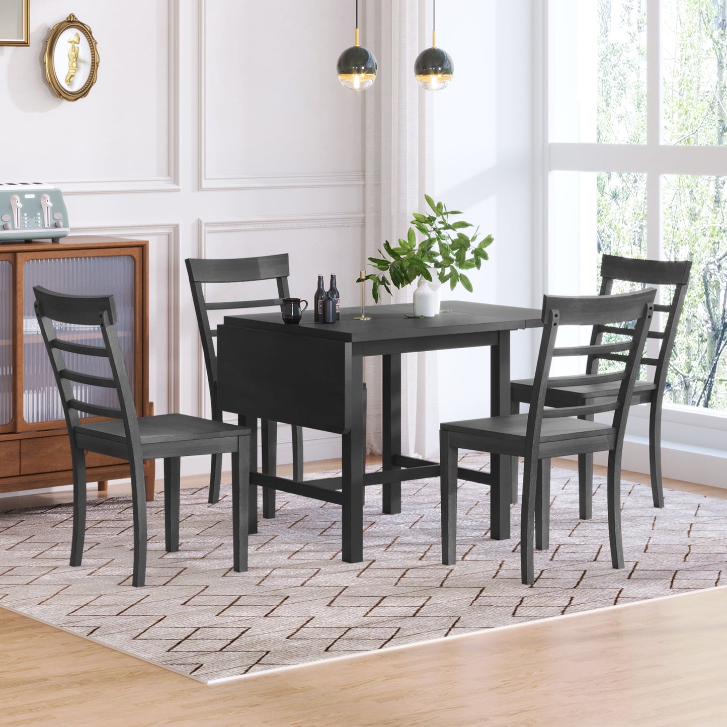 TOPMAX 5-piece square wooden pendant light expandable dining table set with 4 ladder back chairs  Gray - Korvel