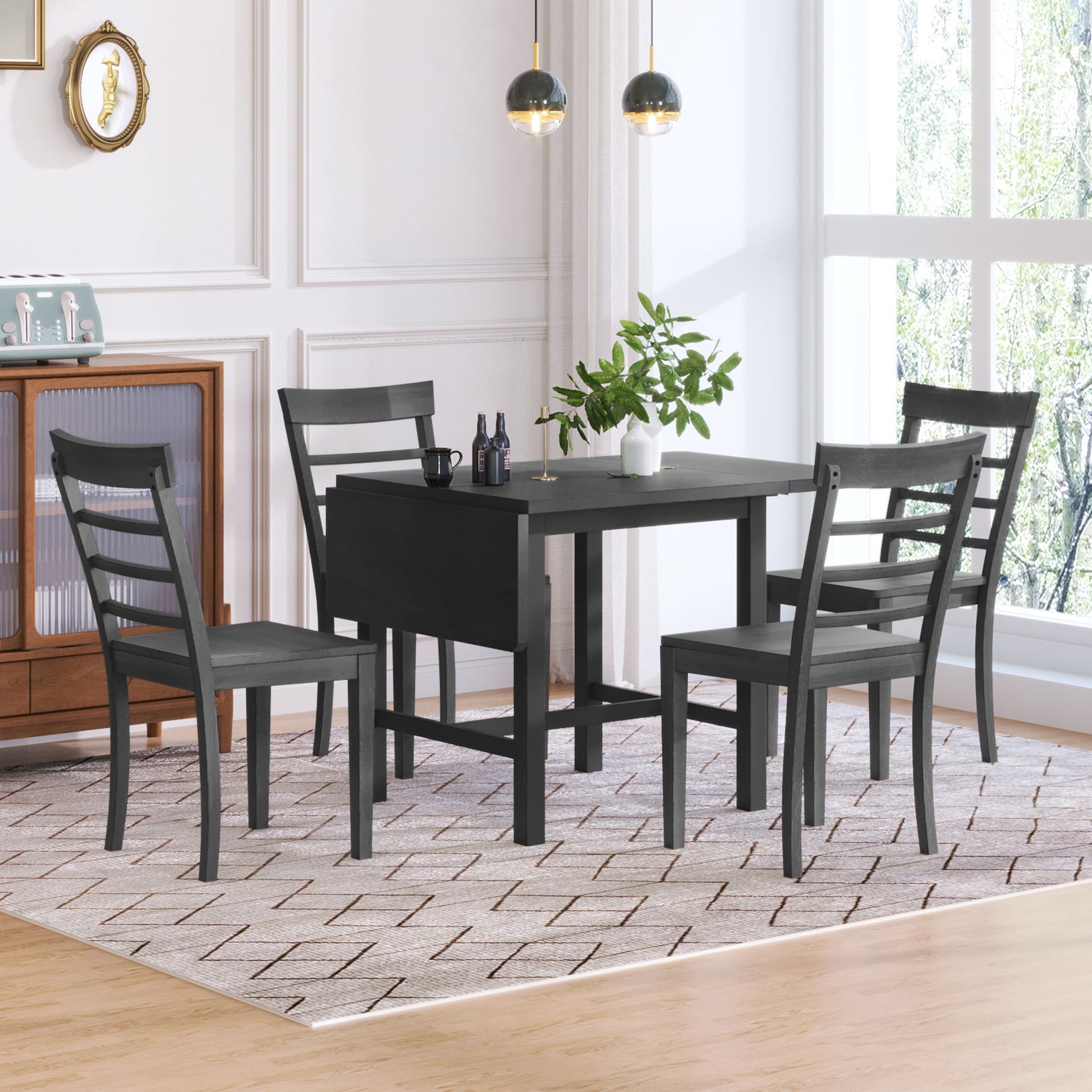 TOPMAX 5-piece square wooden pendant light expandable dining table set with 4 ladder back chairs  Gray - Korvel