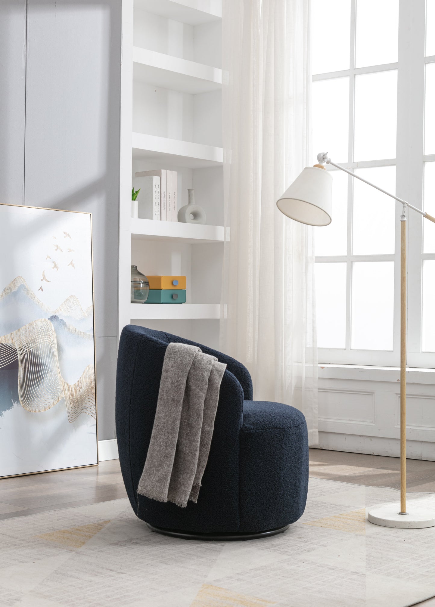 Teddy Fabric Swivel Accent Armchair - Dark Blue