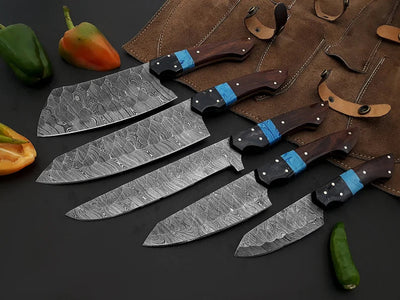 Premium Handmade Damascus Chef Knife Set – 13" Wenge Resin Handle with Leather Sheath - Korvel