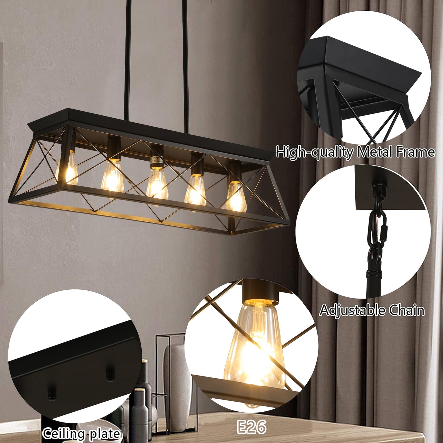 5-light farmhouse pendant light, metal pendant light island fixture, modern rectangular island light, pure black (no bulb) - Korvel