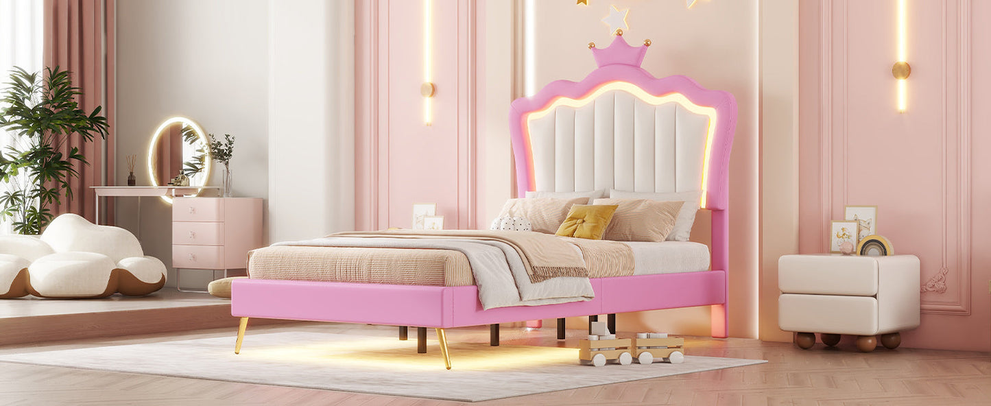 Twin Size Upholstered Bed Frame with LED Lights - Pink & White