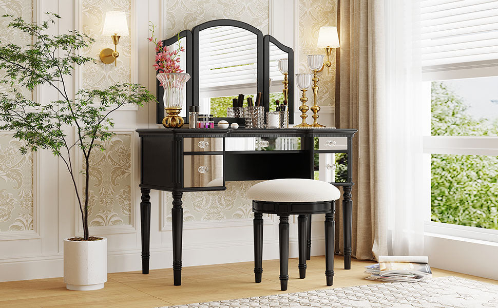 GO 43" Dressing Table Set with Mirrored Drawers and Stool, Tri-fold Mirror, Makeup Vanity Set for Bedroom, Black - Korvel