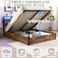 Elevating storage bed frame, full-size bed frame with bookshelf headboard and LED lights, with country brown color - Korvel