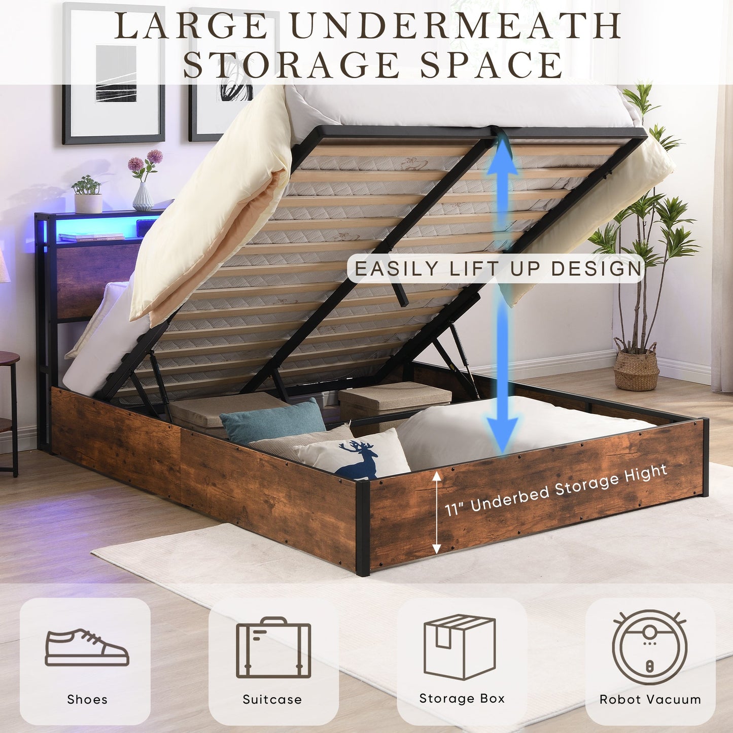 Elevating storage bed frame, full-size bed frame with bookshelf headboard and LED lights, with country brown color - Korvel