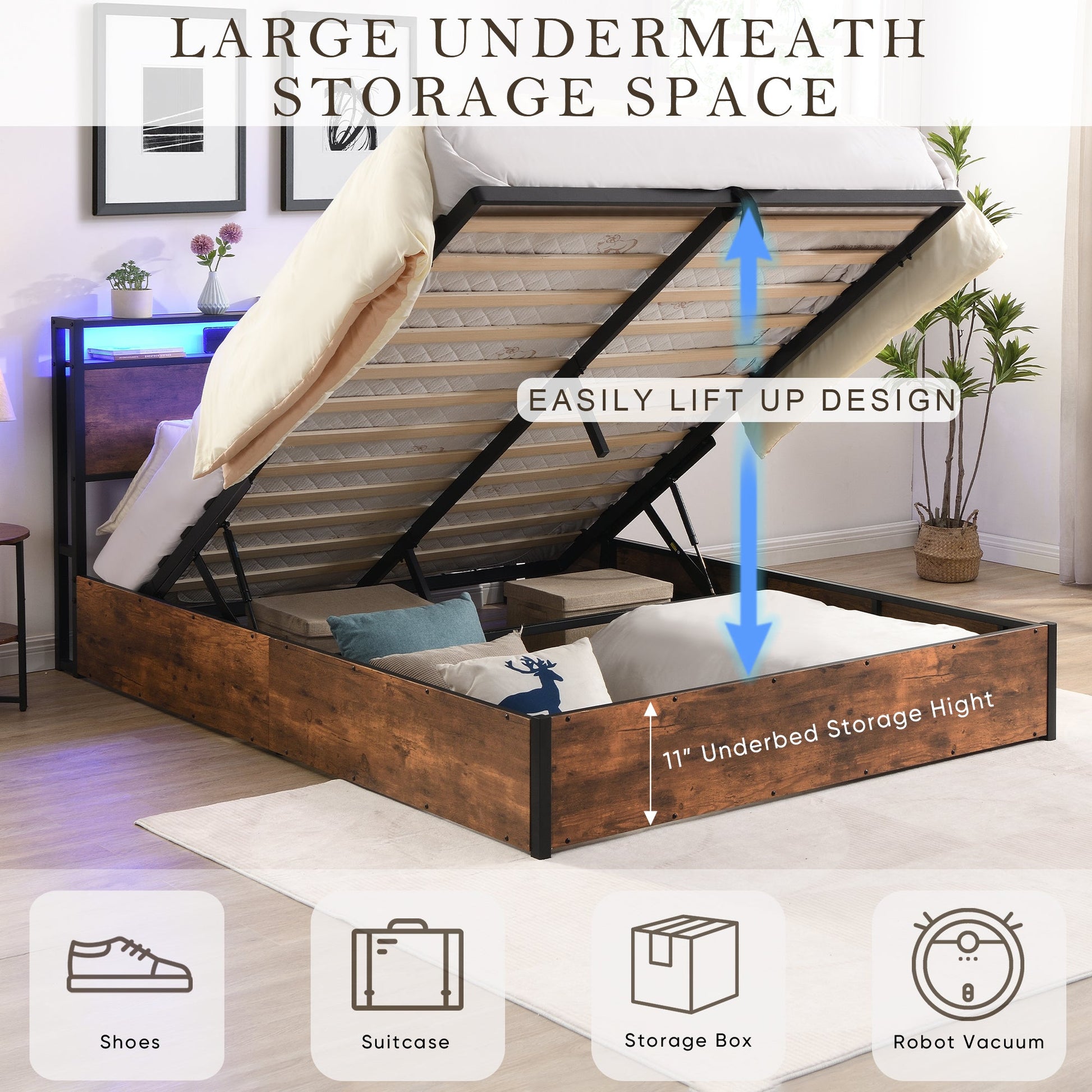 Elevating storage bed frame, full-size bed frame with bookshelf headboard and LED lights, with country brown color - Korvel
